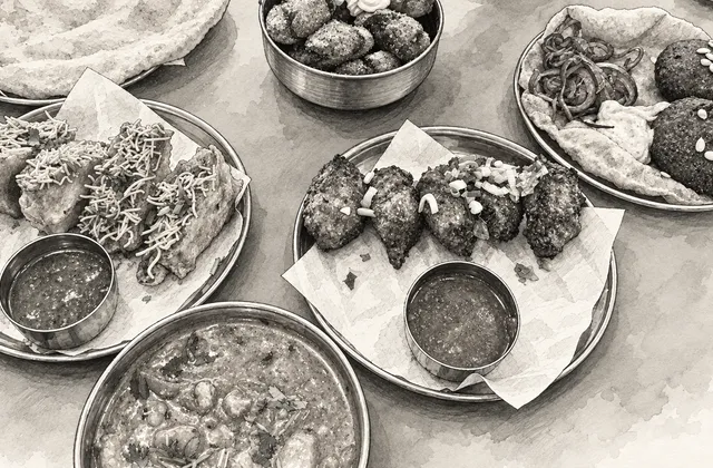 Generated pencil and charcoal illustration of Indian street food, fried snacks, patties, curry, flatbread and dipping sauces on metal dishes at Bundobust.