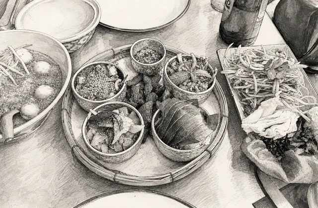 Generated pencil and charcoal illustration of noodle soup, a bamboo platter of Lao dishes and papaya salad at Bistro Lao.