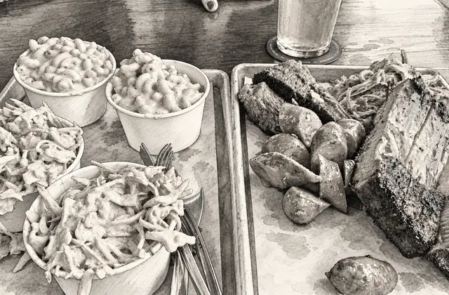 Pencil and charcoal illustration of barbecue meats, sliced sausage, macaroni cheese and coleslaw on trays, with a cropped beer glass at Warpigs.